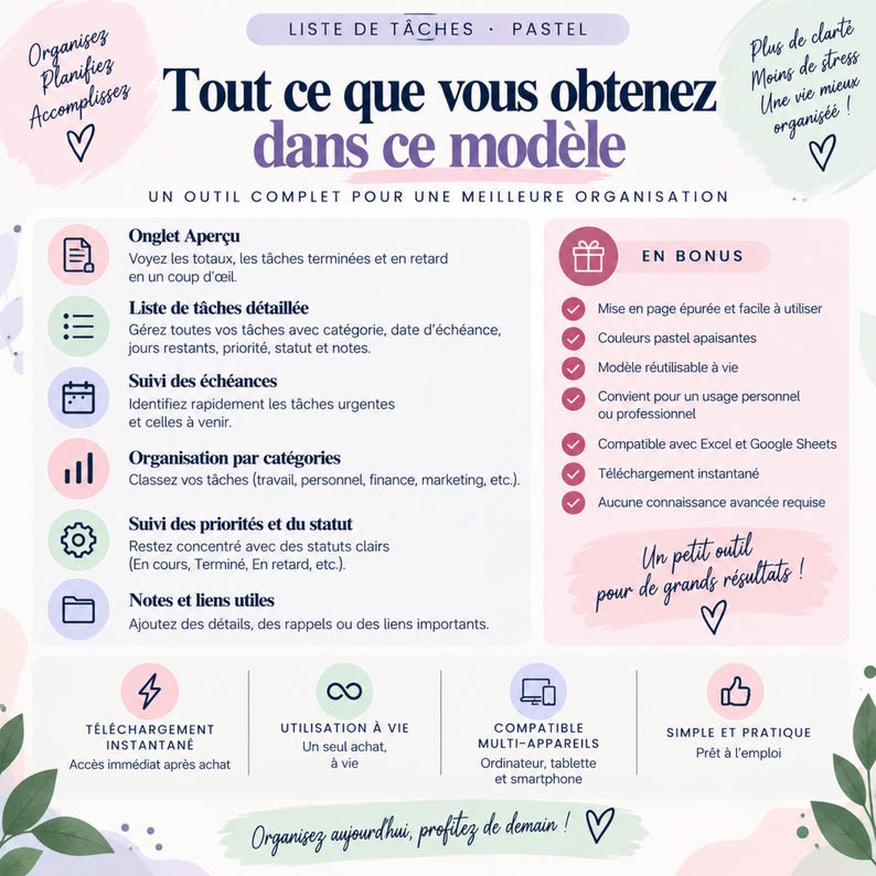 Liste de tâches Excel | Tableau suivi tâches | Gestionnaire de tâches | Priorités, statuts, et échéances | Excel et Google Sheets