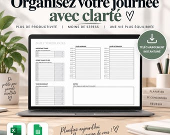 Planificateur time blocking | Planning blocs horaires | Planificateur quotidien | Planning 30 minutes | Excel et Google Sheets