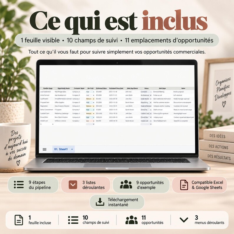 Suivi pipeline commercial | Tableau pipeline ventes | Suivi opportunités ventes | Pipeline 9 étapes | Excel & Google Sheets