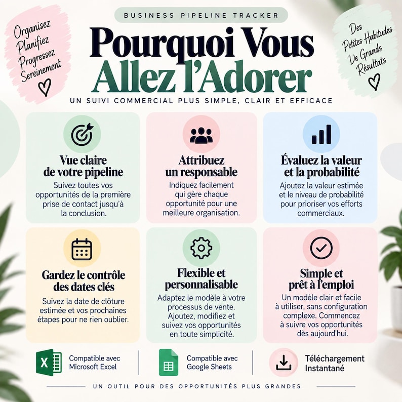 Suivi pipeline commercial | Tableau pipeline ventes | Suivi opportunités ventes | Pipeline 9 étapes | Excel & Google Sheets