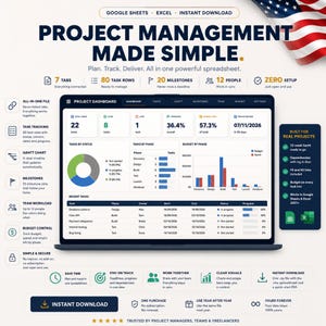 Gantt Chart Project Planner, Linked Task Tracker, Budget & Milestone (Google Sheets/Excel)