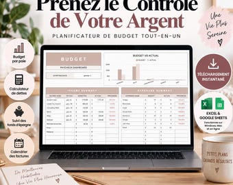 Tableau budget complet | Budget par paie | Planificateur budget personnel | Dettes, factures, épargne | Excel & Google Sheets