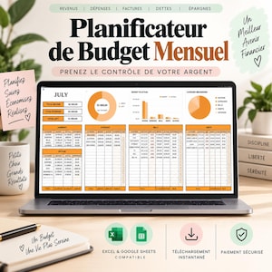Pode incluir: Uma tela de laptop exibindo uma planilha de planejador de orçamento mensal com gráficos laranja e brancos, tabelas de receitas, despesas, contas e dívidas, com texto incluindo Planificateur de Budget Mensuel e July.