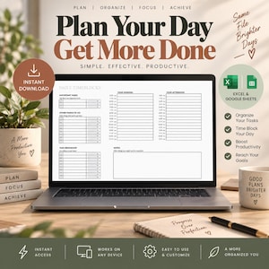 May include: A laptop displaying a daily timeblock planner template with sections for important tasks, morning and afternoon schedules, and notes. The screen features the text Plan Your Day Get More Done, with icons for Excel and Google Sheets.