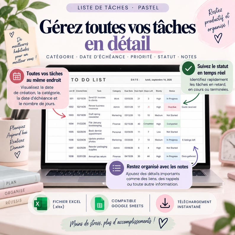 Liste de tâches Excel | Tableau suivi tâches | Gestionnaire de tâches | Priorités, statuts, et échéances | Excel et Google Sheets