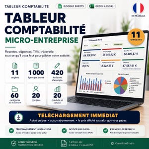 Tableur comptabilité micro entreprise, bénéfice TVA et trésorerie, modèle Excel Google Sheets