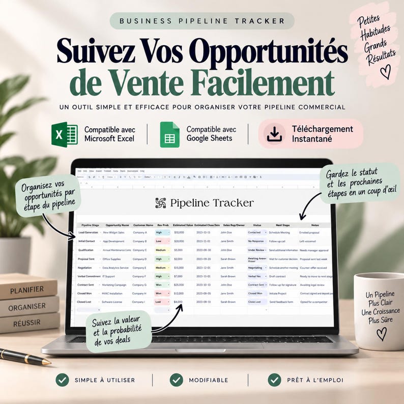 Suivi pipeline commercial | Tableau pipeline ventes | Suivi opportunités ventes | Pipeline 9 étapes | Excel & Google Sheets