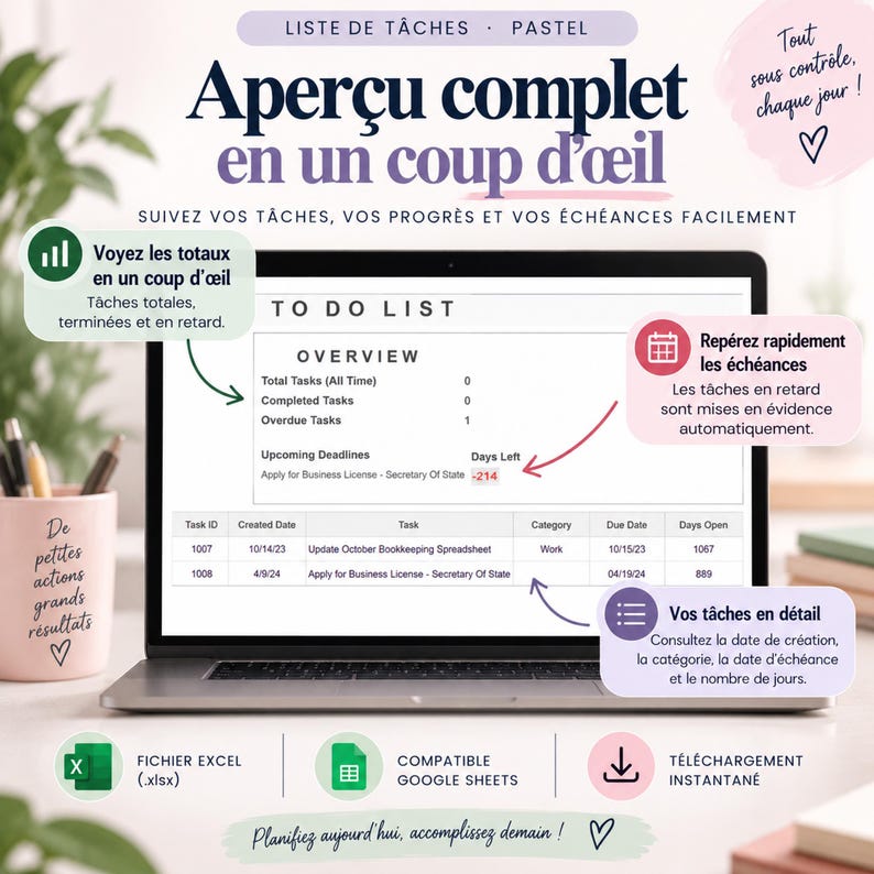 Liste de tâches Excel | Tableau suivi tâches | Gestionnaire de tâches | Priorités, statuts, et échéances | Excel et Google Sheets