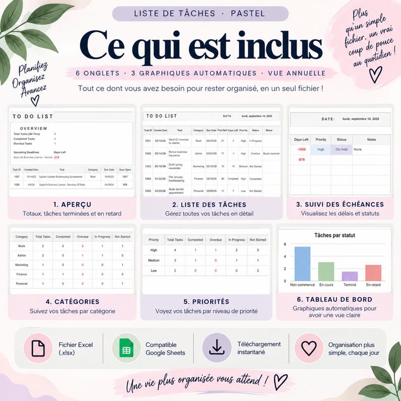 Liste de tâches Excel | Tableau suivi tâches | Gestionnaire de tâches | Priorités, statuts, et échéances | Excel et Google Sheets