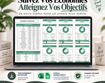 Tableau suivi épargne | Suivi objectifs épargne | Suivi épargne personnel | Objectifs multiples | Excel, Google Sheets | Fichier numérique