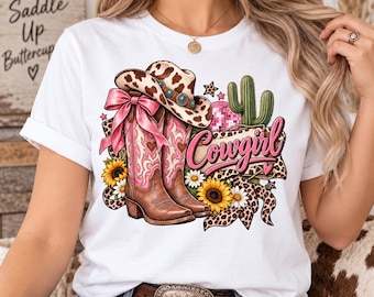 Cowgirl PNG, Western Cowgirl PNG Sublimation Design, Pink Cowboy Boots PNG, Leopard Print Western Png, Cow Print Country Girl Rodeo Shirt