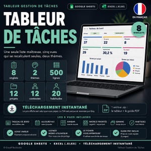 Suivi des tâches, Modèle tableur Excel, Organisation travail en thème sombre
