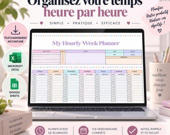 Planificateur horaire | Planning hebdomadaire | Tableau planning semaine | Créneaux de 30 minutes | Excel et Google Sheets