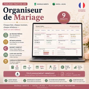 Organisation mariage, tableur budget et prestataires, planning des préparatifs (Téléchargement Immédiat)