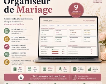 Organisation mariage, tableur budget et prestataires, planning des préparatifs (Téléchargement Immédiat)