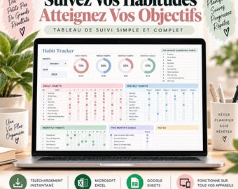 Tableau suivi habitudes | Suivi habitudes quotidien | Suivi habitudes mensuel | Progression & objectifs | Excel | Google Sheets