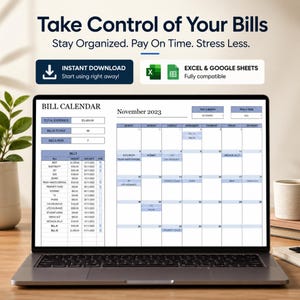 Puede incluir: Una plantilla digital de calendario de facturas en la pantalla de un portátil, con una cuadrícula mensual para noviembre de 2023, un resumen de gastos totales, facturas pendientes y pagadas, y una lista detallada con importes y fechas.