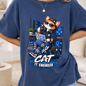 Cat IT Engineer T-Shirt, Funny Programmer Cat Shirt, Cute Developer Cat Tee, Gift for Software Engineer, Tech Lover Cat Graphic Shirt