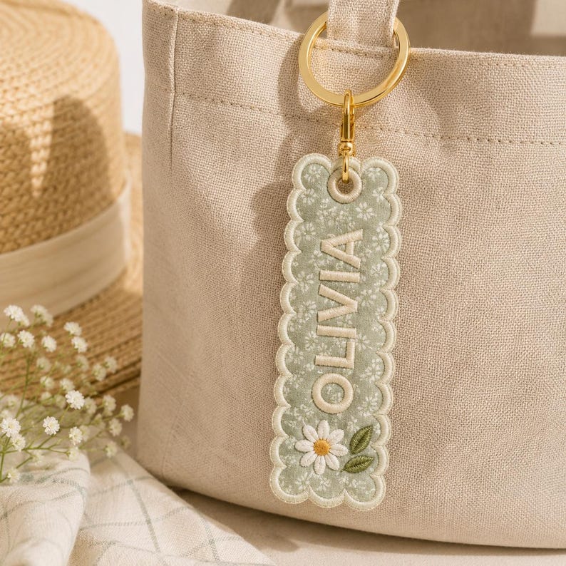 May include: A rectangular fabric keychain with scalloped edges, featuring a sage green background with a white floral pattern. The name OLIVIA is embroidered in white capital letters, with a white daisy and green leaves at the bottom.