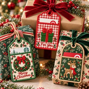 May include: Three embroidered gift card holders with holiday designs. One is red and white gingham with a green gift box, one is cream with a green wreath and Merry Christmas text, and one is green with a brown reindeer and red scarf.