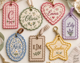 May include: A collection of seven embroidered fabric bag tags in various shapes including rectangles, circles, hearts, and stars. Each tag features unique patterns like gingham, floral, or stripes, and is personalized with names or initials in thread.