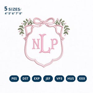 May include: An embroidery design featuring a pink monogram with the letters NLP centered inside a shield-shaped frame topped with a pink bow and green leafy branches. The text 5 SIZES 4 5 6 7 8 is visible along with file formats PES, DST, EXP, JEF, VP3, HUS, XXX.
