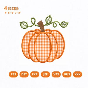May include: An embroidery design of a pumpkin with an orange and white gingham pattern, a brown stem, and green vine leaves. The text 4 SIZES 4" 5" 6" 7" 8" appears at the top, and file formats PES, DST, EXP, JEF, VP3, HUS, XXX are listed below.