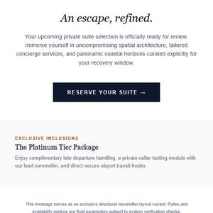 Modello email HTML per hotel di lusso Klaviyo / Codice newsletter per prenotazioni alberghiere / Layout tabella HTML e CSS responsivo
