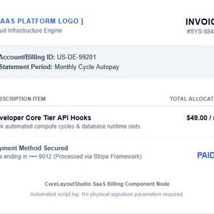 May include: A digital invoice document for a SaaS platform featuring the text SAAS PLATFORM LOGO, Cloud Infrastructure Engine, Invoice #SYS-884920, Account/Billing ID US-DE-99201, Developer Core Tier API Hooks, and a status of PAID with a checkmark.