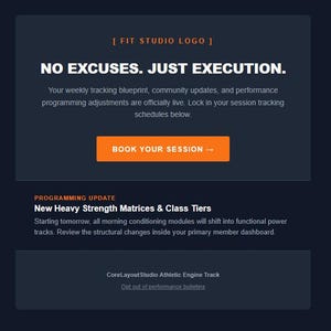 Klaviyo Fitness Gym HTML Email Template | CrossFit Studio Newsletter Code | Dark Mode Responsive HTML CSS Table Layout