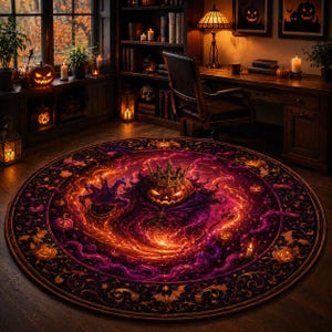 May include: A round area rug featuring a central illustration of a crowned pumpkin character with a reaching hand, surrounded by swirling purple and orange nebula-like patterns, small pumpkins, and bats, all set within a dark decorative border.