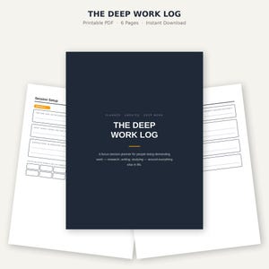Può includere: Una copertina di agenda blu scuro intitolata THE DEEP WORK LOG con testo bianco e una linea orizzontale arancione. La copertina include il sottotitolo A focus-session planner for people doing demanding work. Sono visibili due pagine interne bianche.