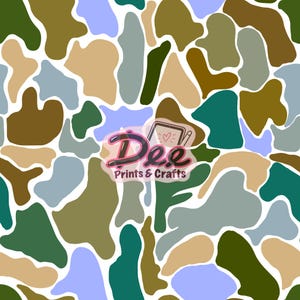 May include: A seamless pattern featuring irregular organic shapes in shades of olive green, dark green, light blue, and beige, separated by thin white outlines. A logo with the text Dee Prints & Crafts is centered on the pattern.