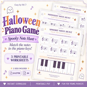 May include: A set of three printable Halloween Piano Game worksheets titled Spooky Note Hunt, Midnight Note Hunt, and Ghostly Grand Staff. The pages feature musical staves, notes, and piano key diagrams with text instructions for matching notes to keys.