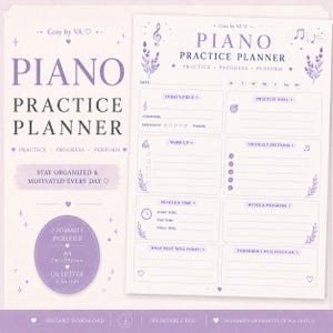 May include: A light purple and white piano practice planner printable with lavender illustrations, musical notes, and sections for date, practice goals, warm-ups, and notes. It includes A4 210 x 297 mm and US Letter 8.5 x 11 inch format options.