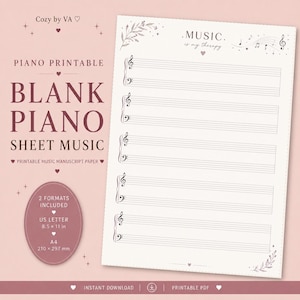 May include: A printable blank piano sheet music page on a light pink background. The document features five grand staves with treble and bass clefs, decorated with small leaf illustrations and the text MUSIC is my therapy. Includes US Letter 8.5 x 11 in.