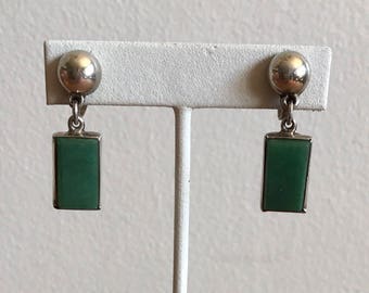 1930s or 40s Art Deco Green and Silver Rectangular Drop Earrings, Frosted Glass, Green Stone Screw Back Earrings