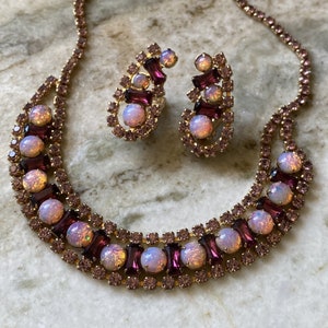 Vintage purple prong set rhinestone and faux pink opal necklace and clip on earrings set. image 1