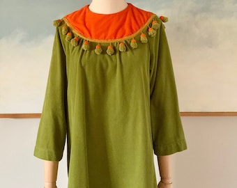 60s/70s Saks Fifth Avenue Green and Orange Fuzzy Fleece Dress with Pom Pom Trim, Beach Cover Up with Pockets