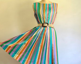 Vintage 1960s Jerry Gilden Dress, 60s Rainbow Striped Pleated Fit and Flare Satin Party Dress