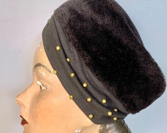 1940s Teddy Bear Turban with Studded Band, 40s Faux Fur Turban