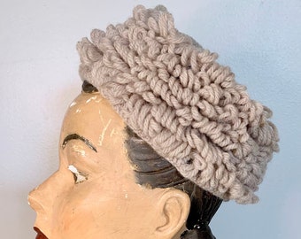 1950s Gray, Beige Loop Crocheted Pillbox Hat, Handmade Vintage Hat