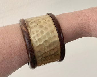 Vintage Wood and Brass Wide Bangle Bracelet