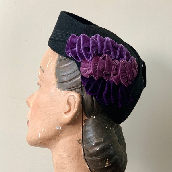 1940s Black Felt Hat with Purple Velvet Ribbon Details, 40s Half Hat
