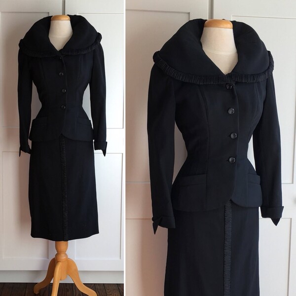 RESERVED FOR CINDY - 2nd payment  -  Early 1950s Dan Millstein Black Two Piece Skirt Suit with Shawl Collar, Wasp Waist and Pencil Skirt