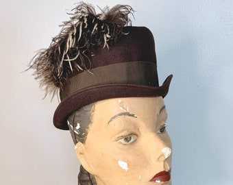 1930s/1940s Brown Felt Stetson Hat with Ostrich Feather, Suitor Hat, Mini Top Hat, 30s 40s Womens Felt Stetson Old West Hat