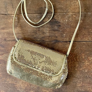 70s 80s Gold Mesh Whiting and Davis Crossbody Bag, Gold Purse
