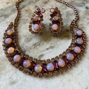 Vintage purple prong set rhinestone and faux pink opal necklace and clip on earrings set. image 2