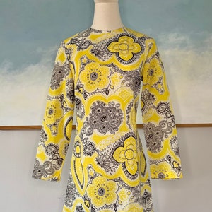 Late 60s, Early 70s Yellow and Black Paisley Mini Dress image 1