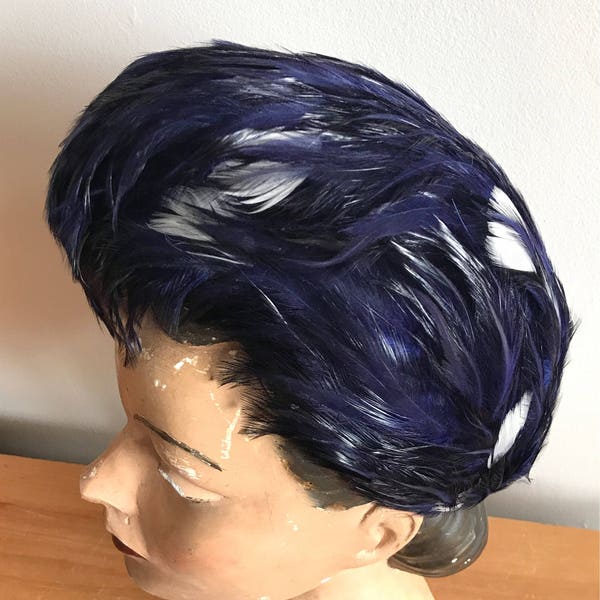 1960s Jack McConnell Navy Blue and White Feather Turban Hat, Designer Hat